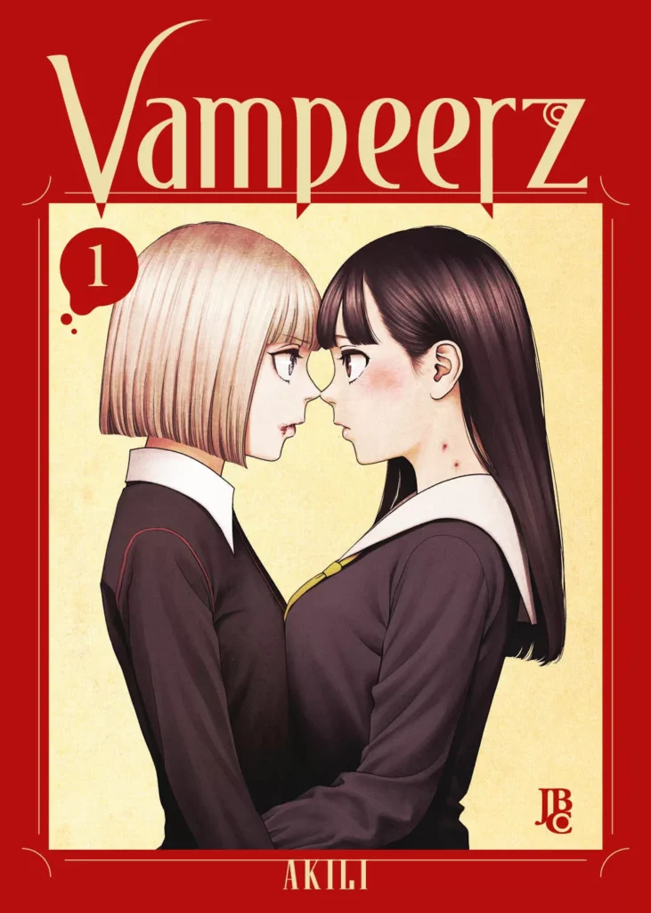 A capa do mangá "Vampeerz" - Volume 1 apresenta:
- Duas personagens femininas próximas, com uniformes escolares e uma com marcas de mordida no pescoço.
- Fundo bege claro com borda vermelha e título estilizado em vermelho.
- Logotipo da editora "JBC" e indicação de primeiro volume.