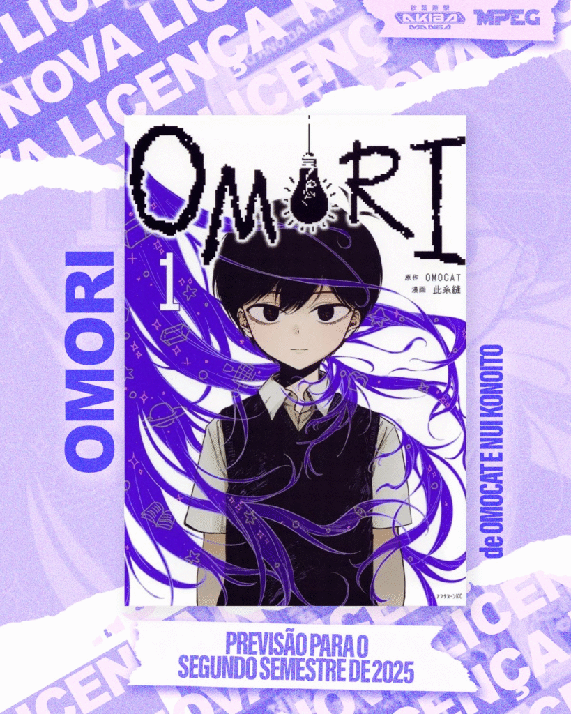 Pôster promocional do mangá "Omori", com capa em destaque mostrando um personagem de cabelo preto e expressão séria, cercado por fitas roxas em estilo surreal. O fundo tem padrão repetido com a palavra "Licença". Textos indicam previsão de lançamento para o segundo semestre de 2025.