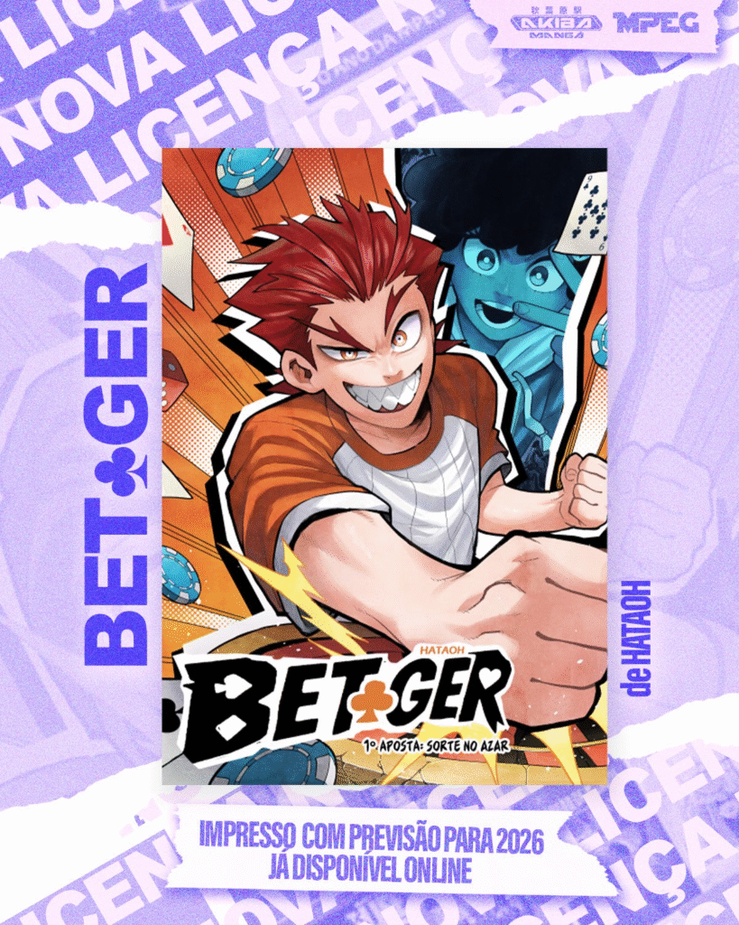Pôster promocional do mangá "BET+GER", com personagem ruivo em pose agressiva apontando para frente, acompanhado por figura de pele azul e olhos brilhantes. O fundo vibrante e cheio de efeitos transmite ação e intensidade. Textos indicam que a versão impressa está prevista para 2026 e já disponível online