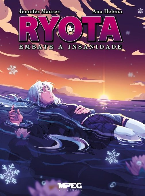 Pôster promocional do projeto "RYOTA: Embate à Insanidade", com personagem de cabelos brancos deitado em água escura sob céu crepuscular em tons de roxo e laranja. Flocos de neve caem suavemente, criando atmosfera melancólica. Textos indicam autoria de Jennifer Maurer e Ana Helena, e previsão de lançamento para o segundo semestre de 2025.