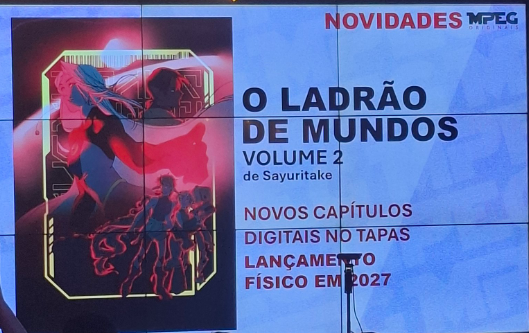 Pôster promocional do mangá digital "O Ladrão de Mundos – Volume 2", com ilustração vibrante de personagens em poses dinâmicas cercados por efeitos luminosos e formas abstratas. Textos indicam novos capítulos disponíveis na plataforma Tapas e lançamento físico previsto para 2027.
