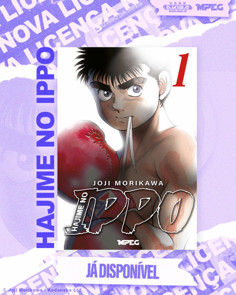 Pôster promocional do mangá "Hajime no Ippo", com imagem central de um jovem boxeador de luvas vermelhas e expressão determinada. O fundo roxo exibe repetidamente o texto "Nova Licença", e a frase "Já disponível" indica que o título está acessível.