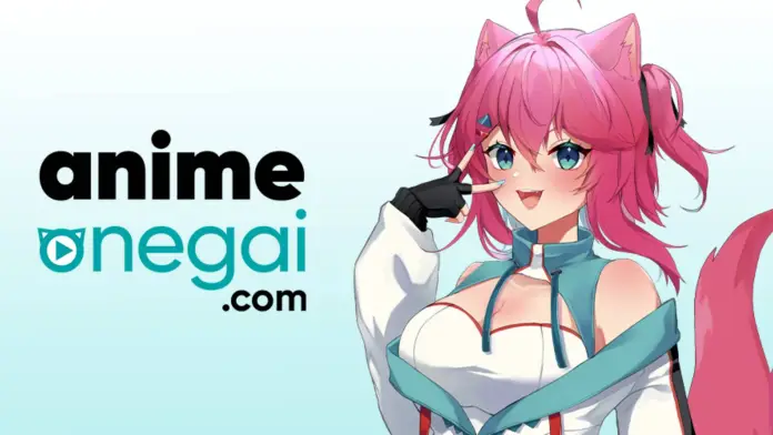 Imagem promocional da plataforma Anime Onegai. À direita, há uma personagem de anime com cabelo rosa, orelhas de gato, expressão brincalhona e roupa branca com detalhes em azul e vermelho. Ela aponta para a bochecha com uma mão enluvada. À esquerda, aparece o logotipo "animeonegai.com" com tipografia estilizada e ícone de botão de play. Fundo em degradê azul claro para branco.