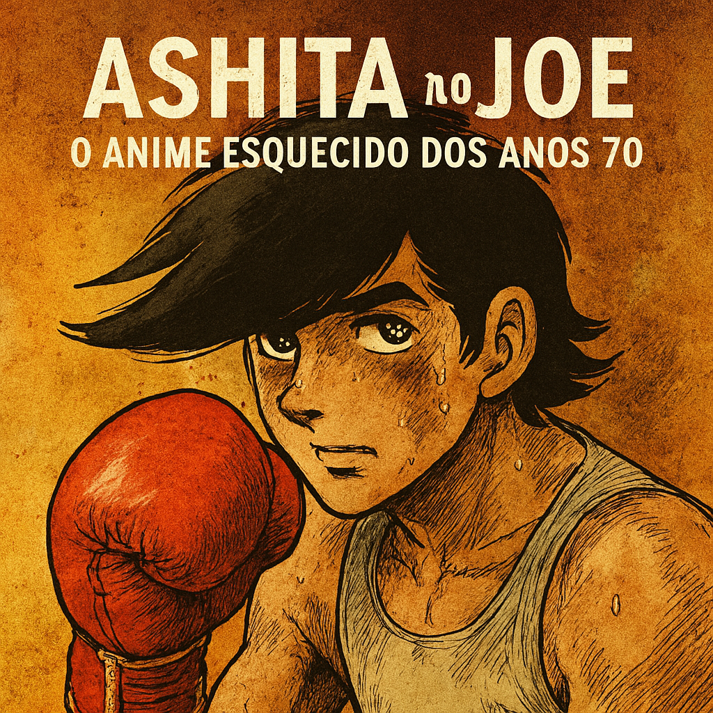 Ilustração em estilo anime mostra um boxeador jovem com expressão determinada, vestindo camiseta sem mangas e luvas vermelhas. O fundo tem tom sépia envelhecido, com o texto “Ashita no Joe – O anime esquecido dos anos 70”.