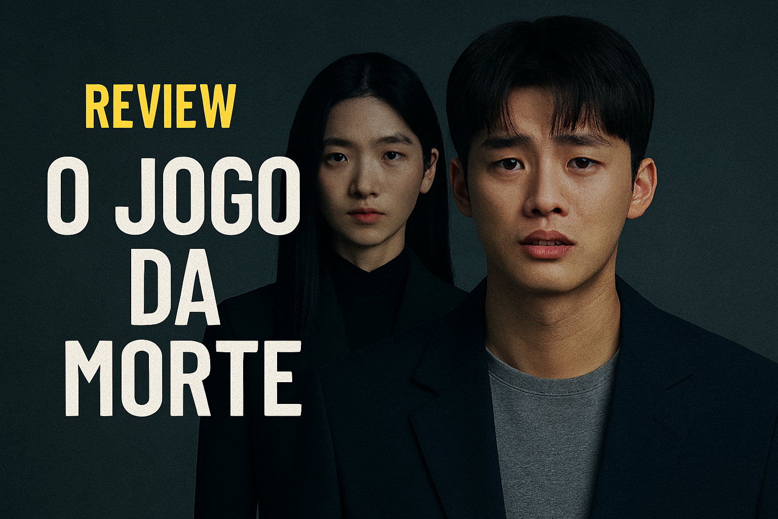 Dois personagens aparecem em destaque: um homem com expressão triste à frente e uma mulher séria ao fundo, ambos olhando diretamente para a câmera. O fundo é escuro e o clima é dramático. À esquerda, lê-se “REVIEW” em amarelo e “O JOGO DA MORTE” em branco.