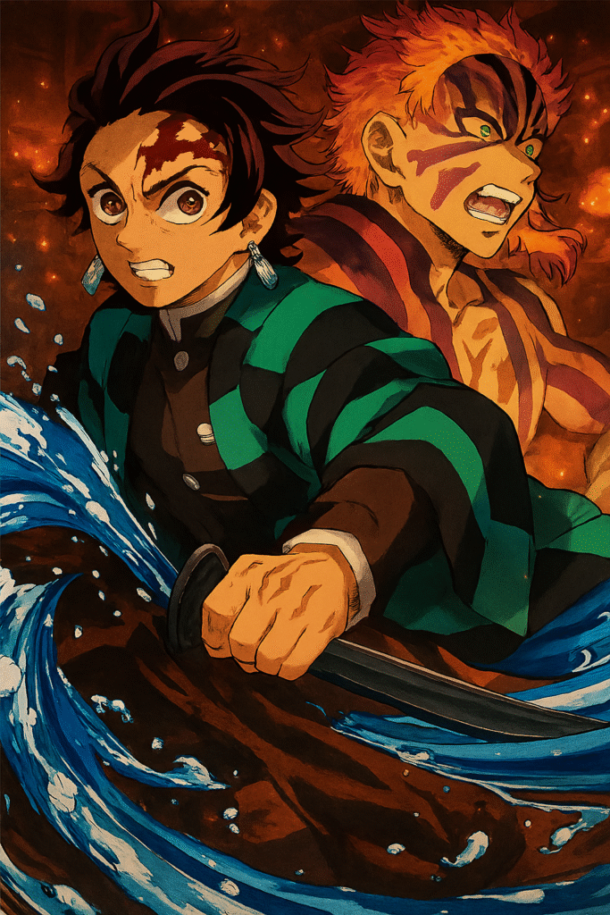 Imagem em estilo anime mostrando Tanjiro Kamado empunhando sua espada envolta em água, com expressão determinada. Ao fundo, Akaza aparece com rosto marcado e olhar feroz, em meio a chamas intensas. Cena transmite ação e tensão, com contraste entre os elementos de água e fogo.
