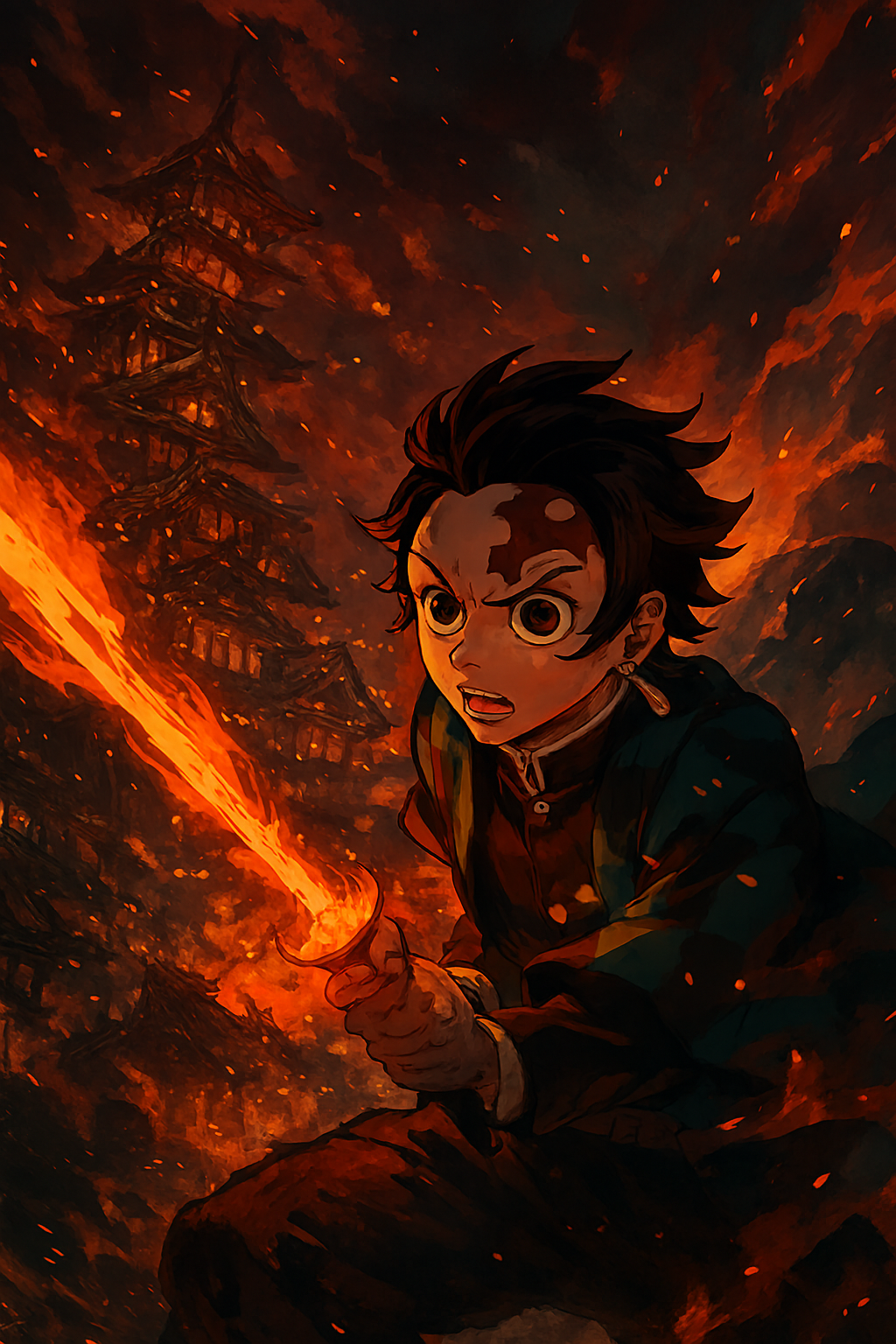 Imagem em estilo anime mostrando um personagem masculino em primeiro plano, empunhando uma espada envolta em chamas. Ao fundo, há um castelo japonês em chamas, com céu escuro e brasas voando. A cena transmite ação e intensidade, com cores quentes como vermelho, laranja e preto dominando a composição.