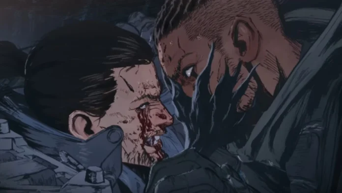 Cena ilustrada de confronto intenso entre dois personagens. À esquerda, uma pessoa com sangue no rosto aparenta dor ou sofrimento. À direita, outra figura segura o rosto da primeira com uma mão enluvada, demonstrando agressividade. O fundo é escuro, reforçando o clima dramático e tenso da imagem.
