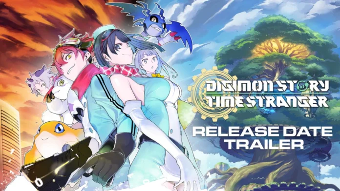 Imagem promocional do jogo Digimon Story: Time Stranger. Em destaque, três personagens em estilo anime — uma garota de roupa azul com cachecol vermelho, outra com cabelo roxo longo e um rapaz de cabelo vermelho com óculos na cabeça. Ao redor, vários Digimons, incluindo um pequeno Digimon amarelo e outro azul com asas. Ao fundo, uma árvore brilhante e uma cidade com prédios altos sob um céu dramático em tons de laranja e azul. Texto na imagem: “DIGIMON STORY TIME STRANGER – RELEASE DATE TRAILER”.