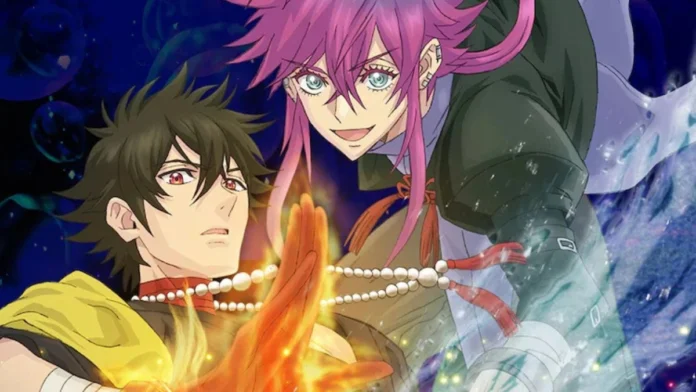 Dois personagens em estilo anime aparecem em destaque. À esquerda, um jovem de cabelo preto espetado e olhos vermelhos gera uma energia laranja entre as mãos. À direita, uma personagem de cabelo rosa vibrante e olhos azuis canaliza uma aura azul ao redor do braço. O fundo escuro e abstrato reforça o clima místico e dinâmico da cena.
