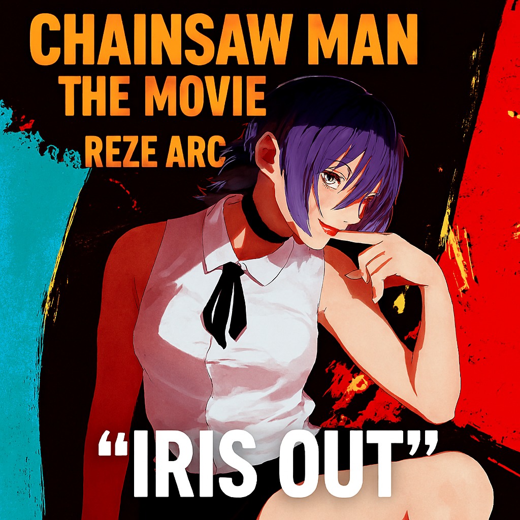 Imagem promocional com personagem Reze em destaque, cabelo roxo curto, camisa branca com laço preto e fundo colorido abstrato. Texto inclui título do filme Chainsaw Man: The Movie – Reze Arc e nome da música tema “IRIS OUT”.