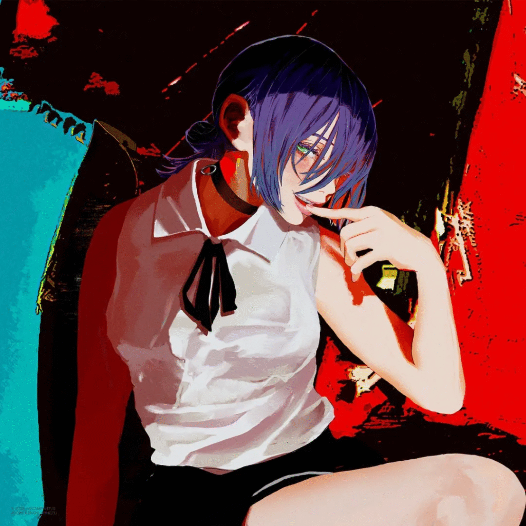 Pessoa com cabelo curto roxo, vestindo blusa branca sem mangas com laço preto e saia preta, sentada em pose contemplativa contra fundo abstrato com cores vibrantes como vermelho, turquesa e preto. A imagem tem estilo artístico marcante e atmosfera dramática.