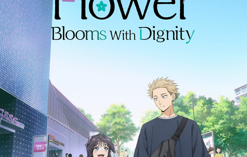 Imagem promocional de anime com dois personagens caminhando em cenário urbano. Um tem cabelo escuro e expressão animada; o outro, cabelo claro e sorriso suave. Texto no topo: “A Sign of Affection — A Flower Blooms With Dignity”. Atmosfera leve e romântica.