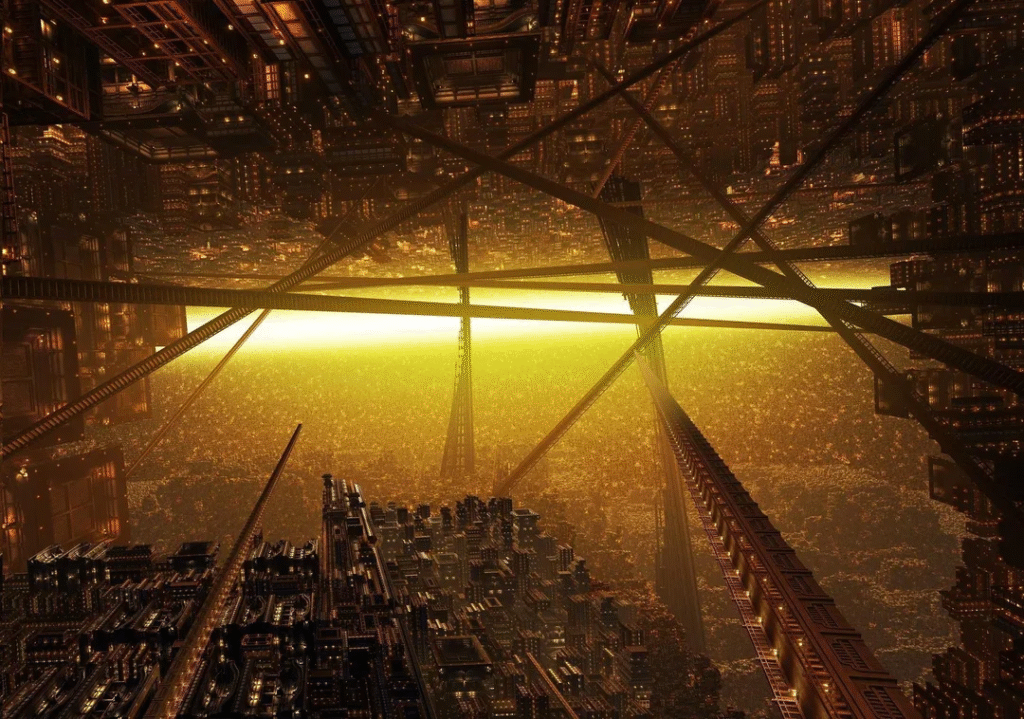 magem em estilo futurista mostrando uma cidade surreal com estruturas iluminadas que se estendem para cima e para baixo, criando um efeito espelhado. Pontes gigantes cruzam o cenário em direção a um horizonte brilhante. A cena é dominada por tons dourados e transmite uma atmosfera dramática e de ficção científica.