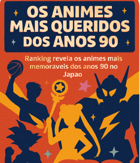 Imagem em estilo retrô com fundo em tons de laranja e vermelho. No topo, o título “Os animes mais queridos dos anos 90” em letras grandes. Abaixo, há silhuetas estilizadas representando personagens típicos de anime: um jogador de basquete, uma garota mágica com varinha, um robô gigante e um herói com cabelo espetado. Ícones como estrela, raio e varinha reforçam o tema. Texto complementar informa que o ranking revela os animes mais memoráveis dos anos 90 no Japão.