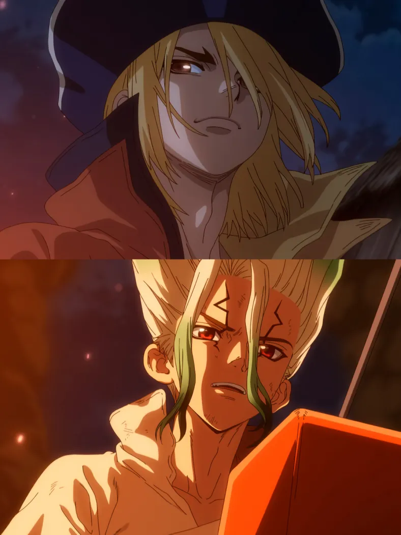 Imagem dividida em duas partes: na parte superior, personagem de cabelo loiro longo, chapéu escuro e capa vermelha com expressão séria; na parte inferior, Senku com cabelo verde e branco, segurando um objeto vermelho, também com expressão focada. Fundo escuro e iluminação quente sugerem momento dramático.