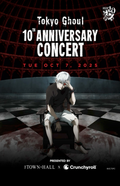 Imagem promocional do concerto de 10º aniversário de Tokyo Ghoul. Mostra um personagem de cabelos brancos sentado em uma cadeira, em um ambiente escuro com chão manchado de sangue e um arco vermelho ao fundo. O evento é apresentado por The Town Hall e Crunchyroll, com data marcada para terça-feira, 7 de outubro de 2025.