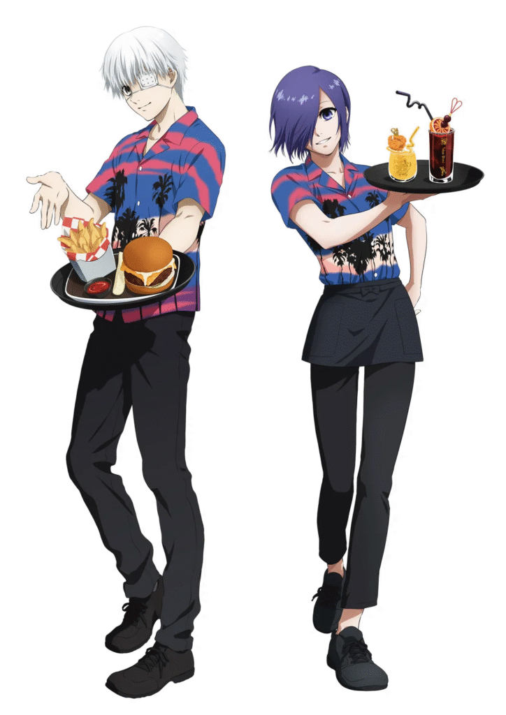 Imagem em estilo anime com dois personagens usando uniformes vibrantes: calças pretas e camisas com gradiente rosa e azul, estampadas com silhuetas de palmeiras. Ambos seguram bandejas como atendentes. Um personagem tem cabelo branco e óculos, servindo hambúrguer, batatas fritas e bebida; o outro tem cabelo roxo e oferece três drinques decorados com frutas. Cena remete a ambiente de restaurante temático.
