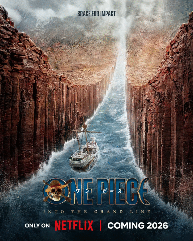 Imagem promocional da série One Piece: Into the Grand Line, da Netflix. Mostra um navio navegando por um cânion estreito com paredes rochosas vermelhas. Texto na parte superior diz “Brace for Impact”. Na parte inferior, lê-se “Only on Netflix | Coming 2026” junto ao logotipo de One Piece com caveira, chapéu de palha e âncora.