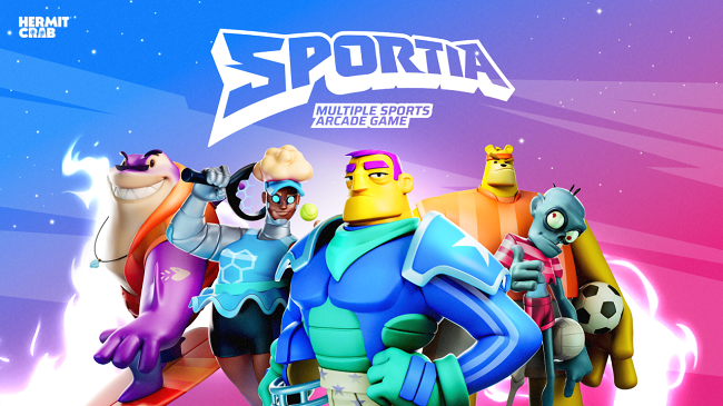 Imagem promocional do jogo Sportia: Multiple Sports Arcade Game. Mostra cinco personagens animados em poses esportivas: um lutador musculoso com luvas roxas, uma mulher com óculos e headset, um jogador de futebol americano, um atleta alto de roupa vermelha e um zumbi com bola de futebol. Fundo vibrante em azul e rosa com estrelas. Texto “Hermit Crab” no canto superior esquerdo.